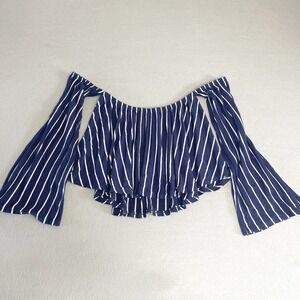 Blue White Striped Off Shoulder Crop Top Bell Sleeve Nautical Boho Festival